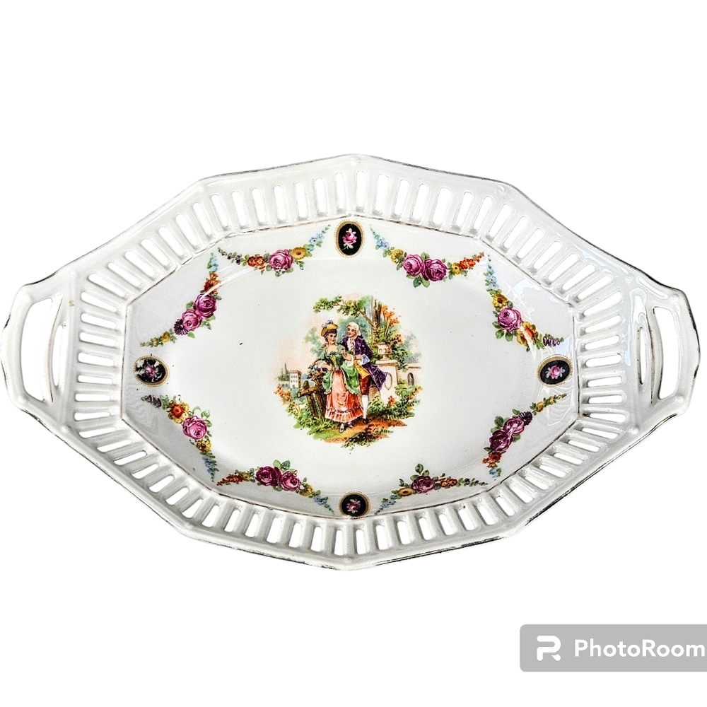 #1227 vtg  Porcelain Bowl GERMANY RETICULATED Edge DOUBLE HANDLE Couple design